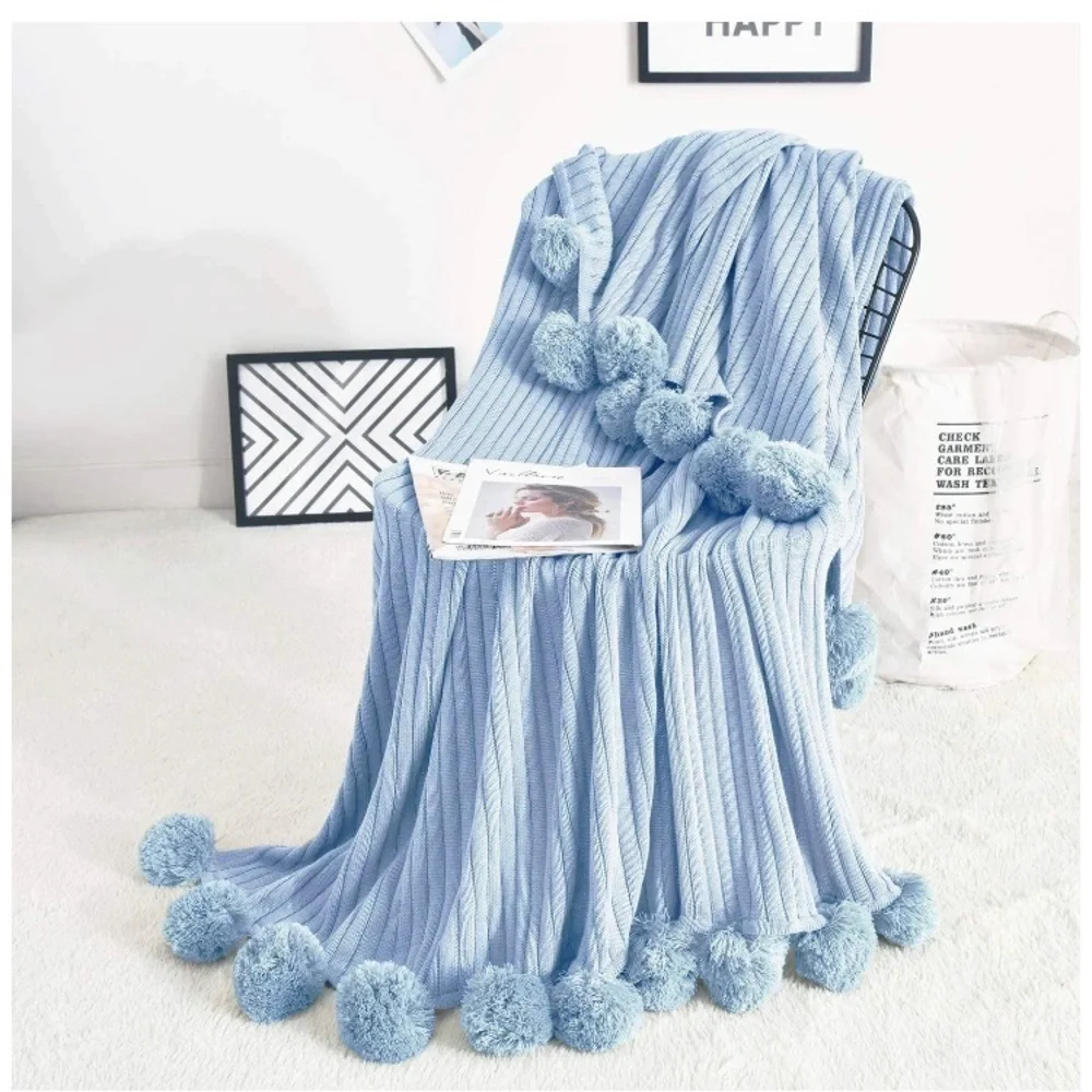 Trendy Dark Grey Pompom Fringe Chic Cozy Soft Throw Blanket/Cover Dorm/Bedroom